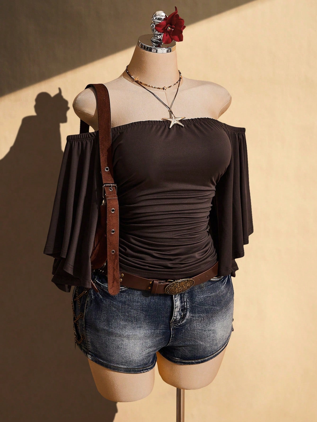 ICON Women's Plus Size Retro Sexy Casual Millennial Style Y2K Bohemian Style Vacation Ruffled Sleeves Gathered Waist Brown Slim Fit Off-Shoulder Top