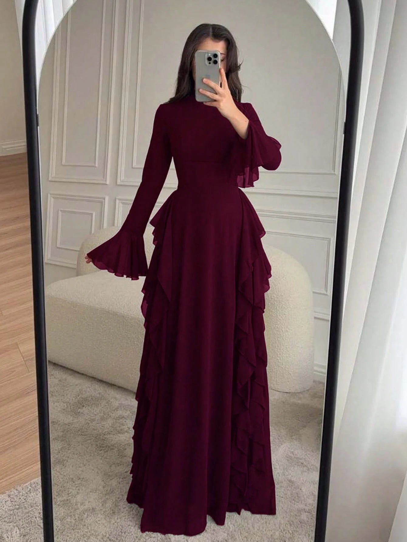 ii Women's Elegant Flare Sleeve Ruffle Hem Design Dress Spring