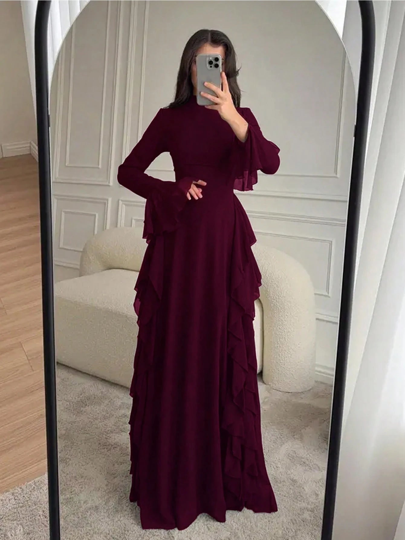 ii Women's Elegant Flare Sleeve Ruffle Hem Design Dress Spring