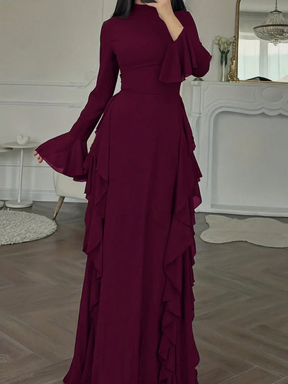 ii Women's Elegant Flare Sleeve Ruffle Hem Design Dress Spring