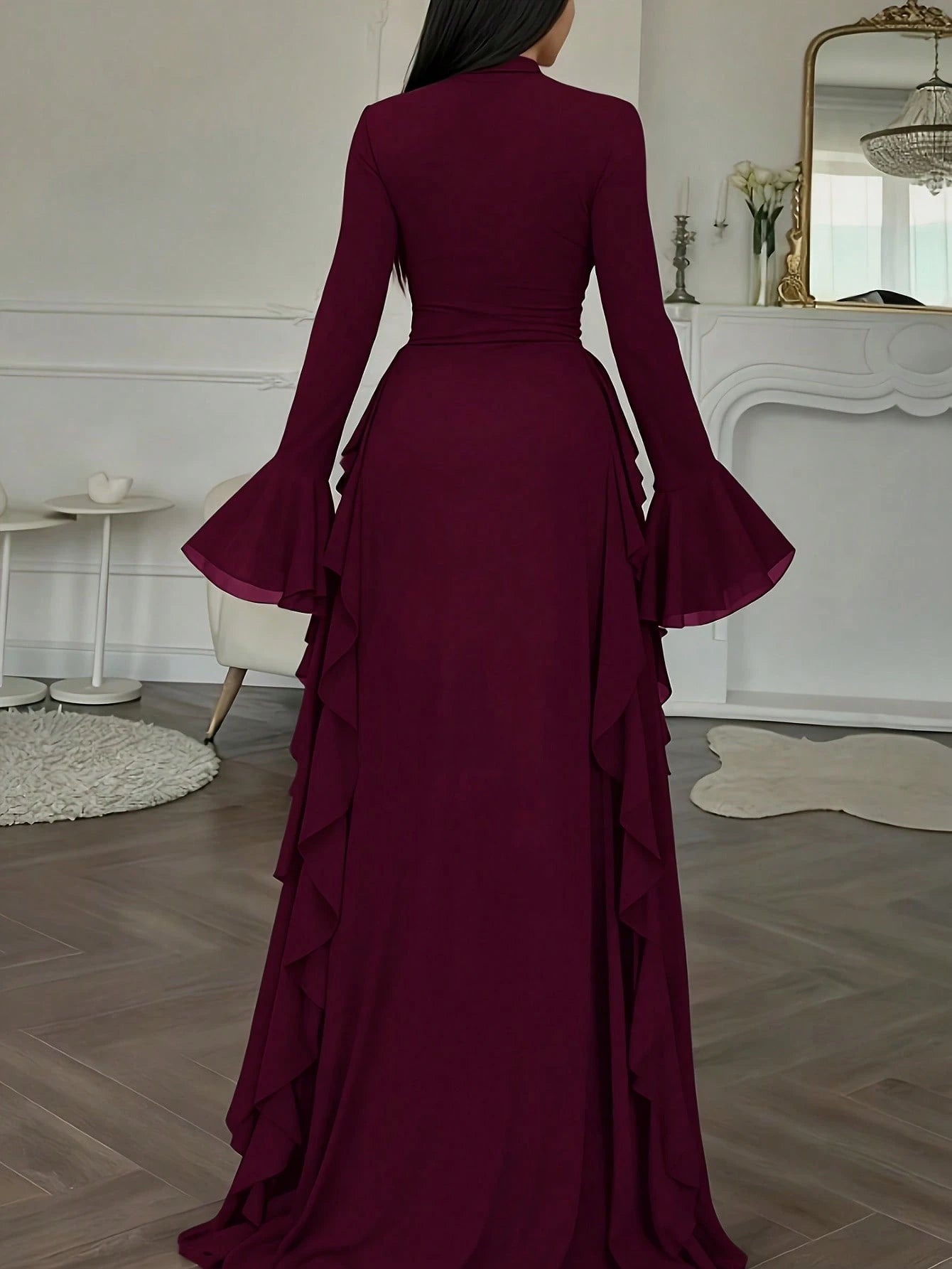 ii Women's Elegant Flare Sleeve Ruffle Hem Design Dress Spring