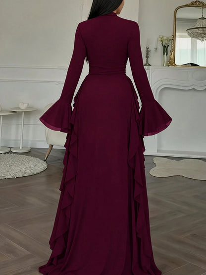 ii Women's Elegant Flare Sleeve Ruffle Hem Design Dress Spring
