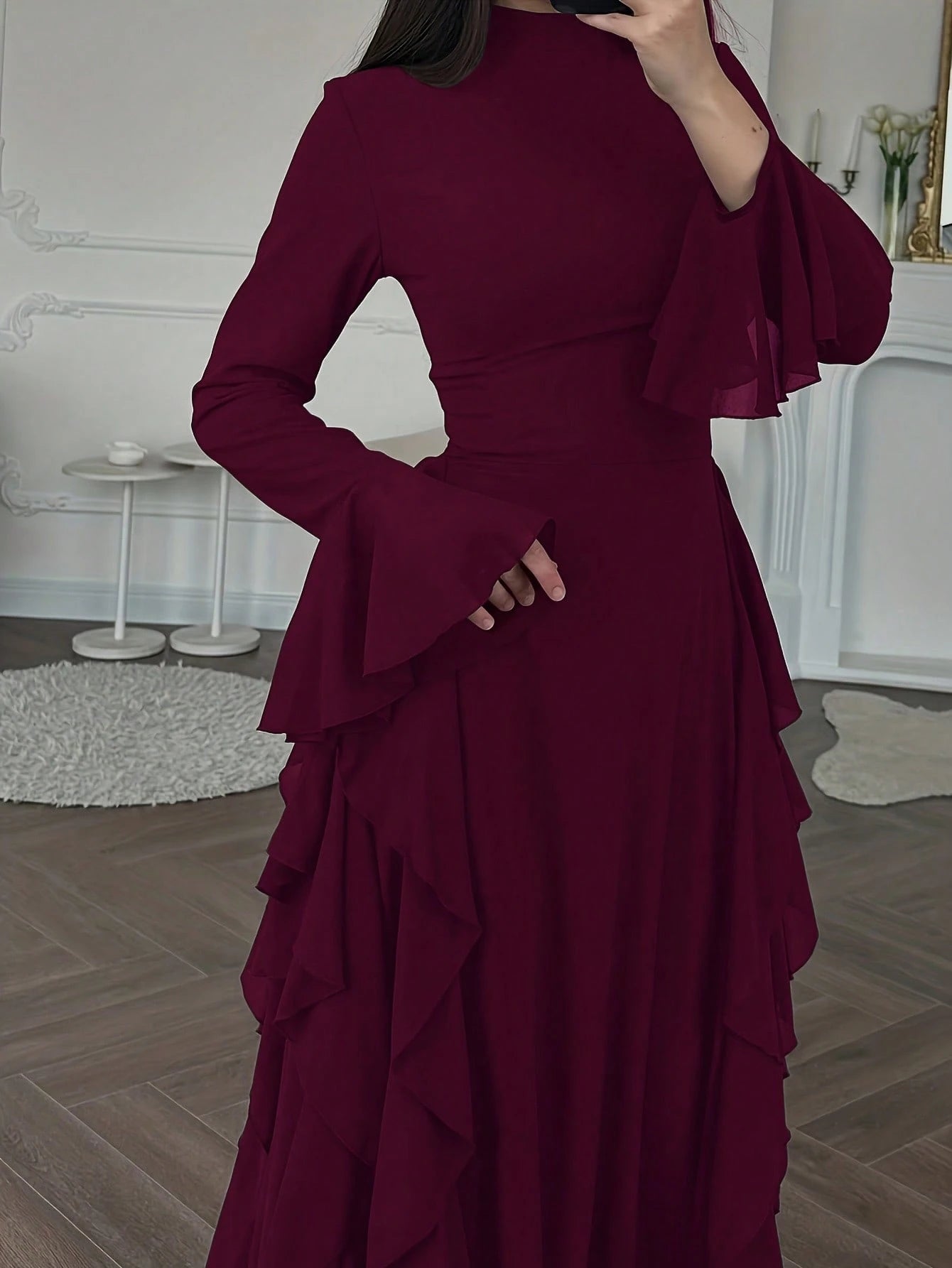 ii Women's Elegant Flare Sleeve Ruffle Hem Design Dress Spring