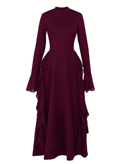 ii Women's Elegant Flare Sleeve Ruffle Hem Design Dress Spring