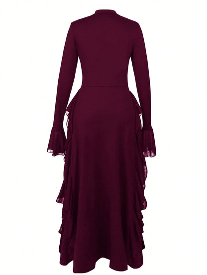ii Women's Elegant Flare Sleeve Ruffle Hem Design Dress Spring