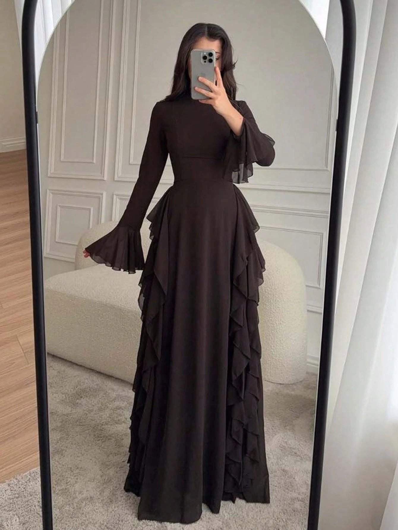 ii Women's Elegant Flare Sleeve Ruffle Hem Design Dress Spring