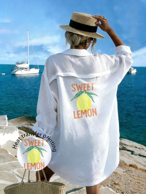 INAWLY New Arrival Fresh Lemon Print Mid-Length Dress, Suitable For Vacation And Everyday Wear