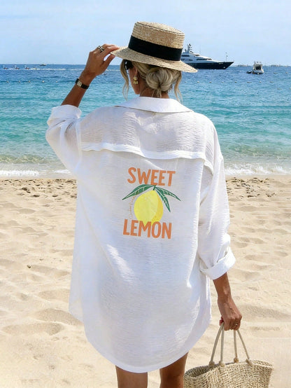 INAWLY New Arrival Fresh Lemon Print Mid-Length Dress, Suitable For Vacation And Everyday Wear
