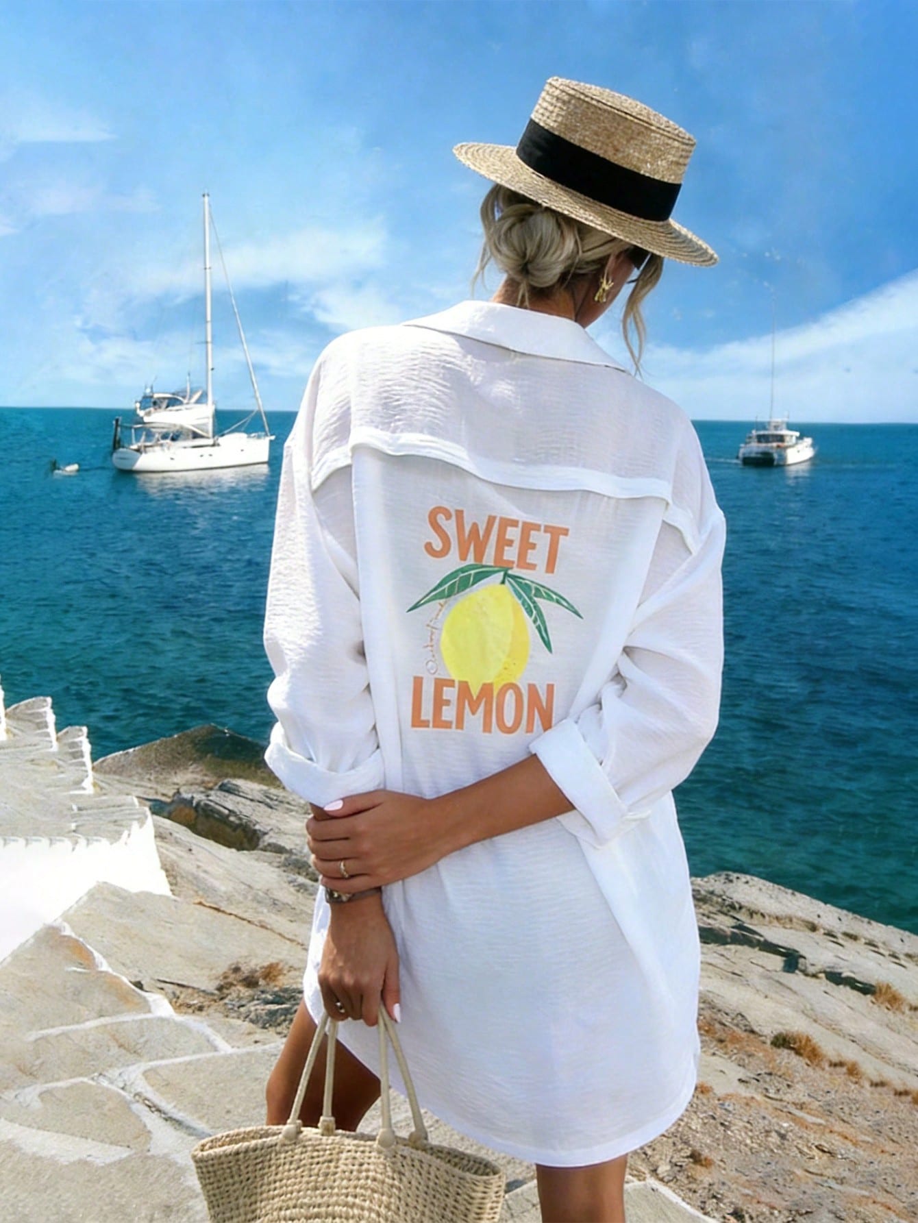 INAWLY New Arrival Fresh Lemon Print Mid-Length Dress, Suitable For Vacation And Everyday Wear