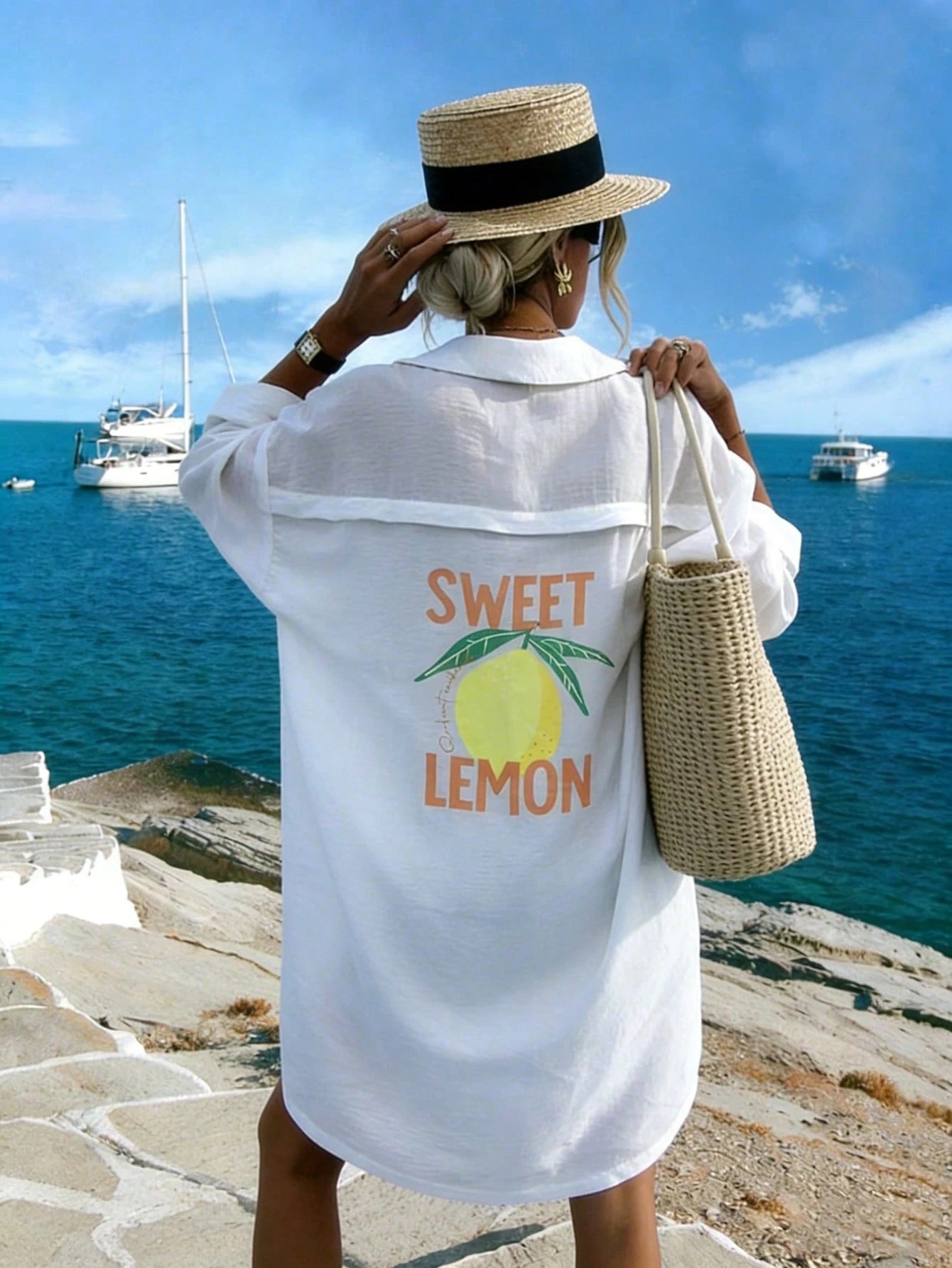INAWLY New Arrival Fresh Lemon Print Mid-Length Dress, Suitable For Vacation And Everyday Wear