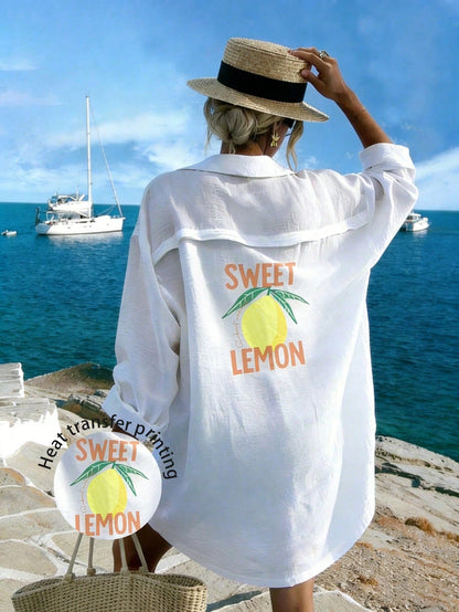 INAWLY New Arrival Fresh Lemon Print Mid-Length Dress, Suitable For Vacation And Everyday Wear