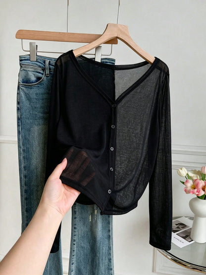 INAWLY Plus Size Women Solid Color Single-Breasted Casual Daily Long Sleeve Top Fall