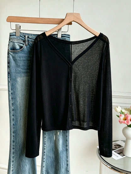 INAWLY Plus Size Women Solid Color Single-Breasted Casual Daily Long Sleeve Top Fall
