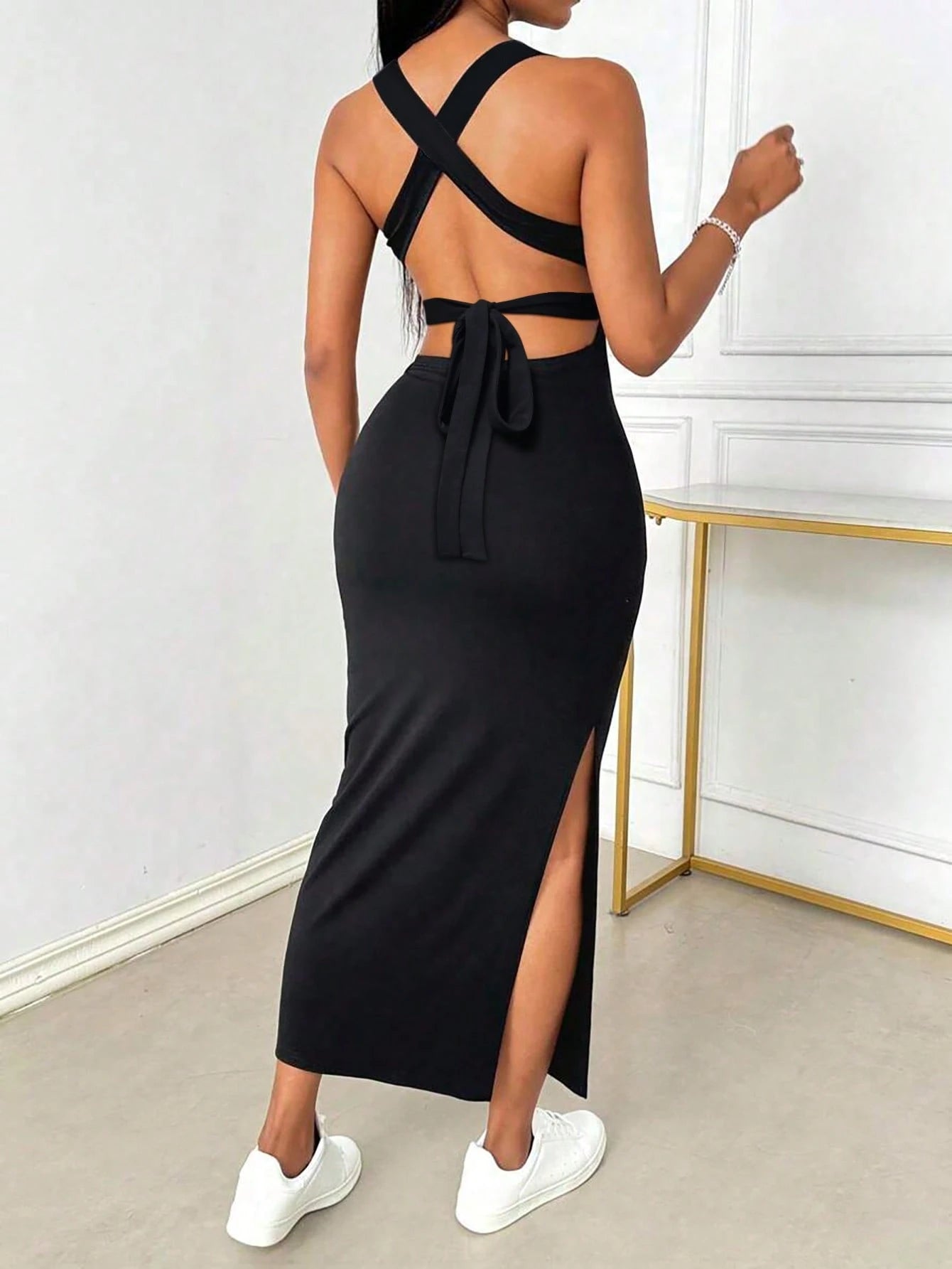 INAWLY Slim Fit Sexy Low Neck Backless Criss-Cross Strap Slit Dress