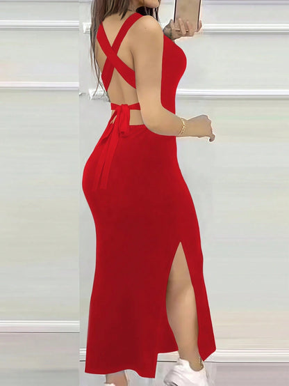 INAWLY Slim Fit Sexy Low Neck Backless Criss-Cross Strap Slit Dress