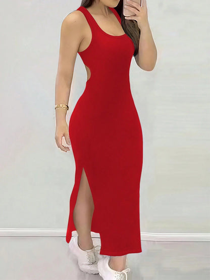 INAWLY Slim Fit Sexy Low Neck Backless Criss-Cross Strap Slit Dress