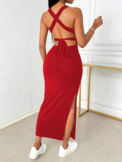 INAWLY Slim Fit Sexy Low Neck Backless Criss-Cross Strap Slit Dress