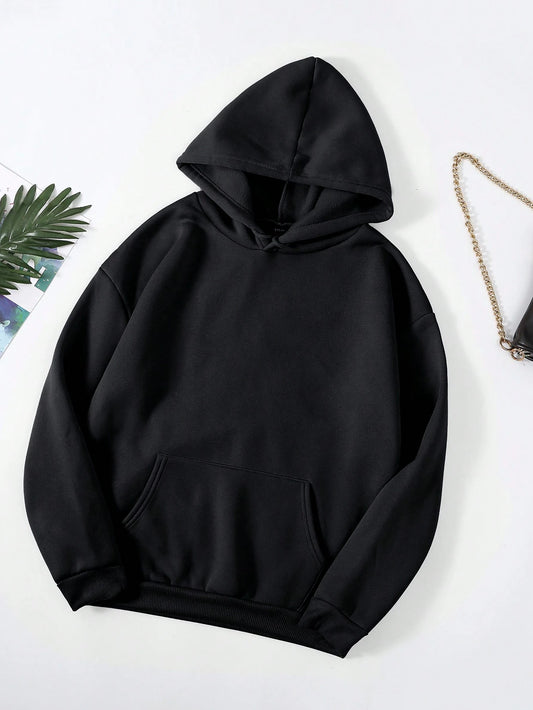 INAWLY Solid Kangaroo Pocket Thermal Lined Hoodie,Long Sleeve Tops