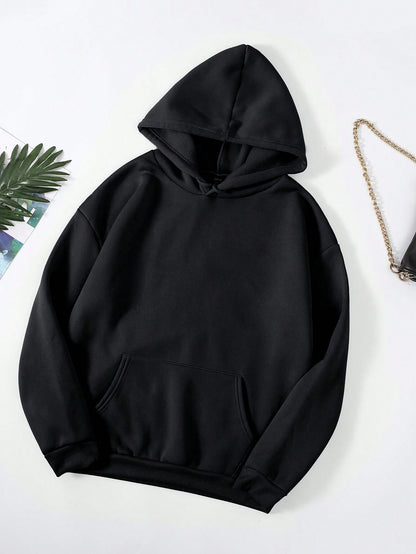 INAWLY Solid Kangaroo Pocket Thermal Lined Hoodie,Long Sleeve Tops