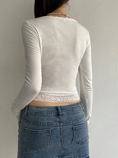 INAWLY Spring Contrast Lace Slim Fit Square Neck Long Sleeve T-ShirtTop Fall Cloth For Women