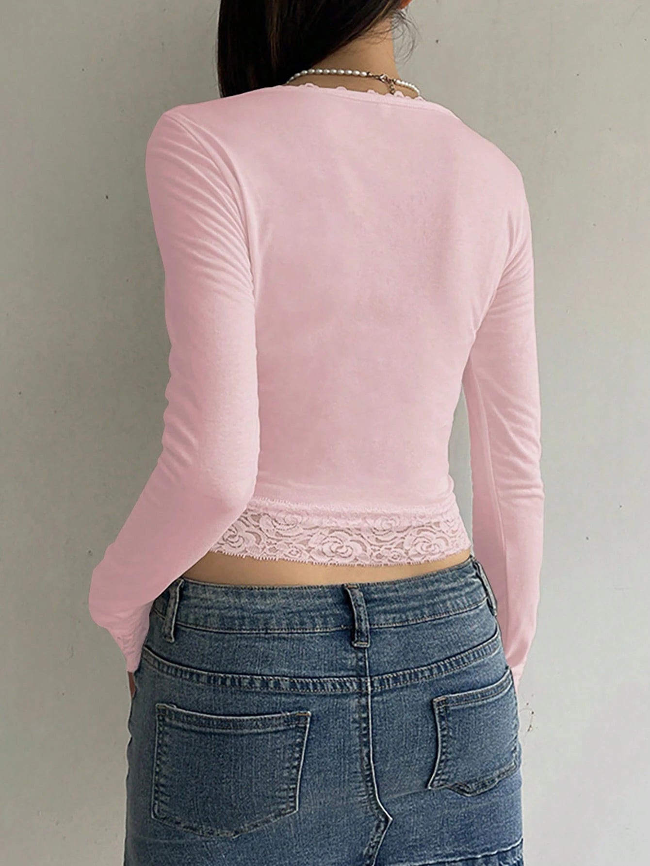 INAWLY Spring Contrast Lace Slim Fit Square Neck Long Sleeve T-ShirtTop Fall Cloth For Women