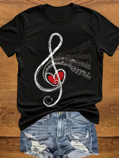 INAWLY Women's Round Neck Music Festival Musical Notation, Instrument Art & Heart Printed T-Shirt