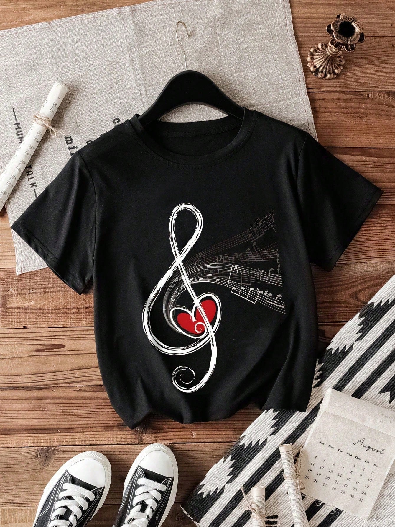 INAWLY Women's Round Neck Music Festival Musical Notation, Instrument Art & Heart Printed T-Shirt