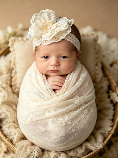 INS Style 100 Days Photo Props Newborn Photography Essential Lace Headband + Swaddle Wrap 2pcs Set Multiple Combinations Full Moon Gift