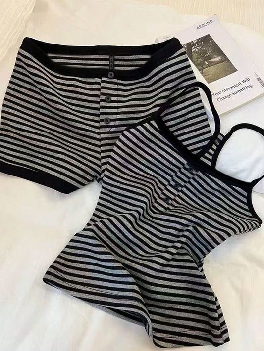 IslaSuriya 2pcs Women Casual Striped Camisole Top And Shorts Set