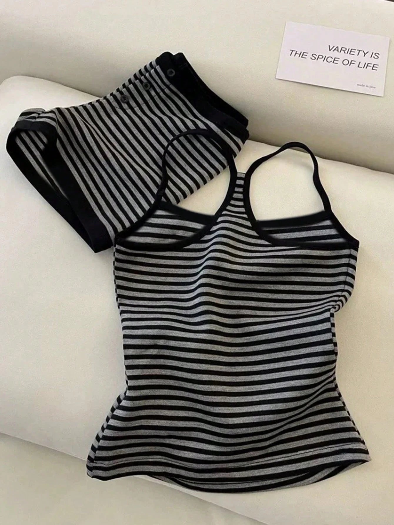 IslaSuriya 2pcs Women Casual Striped Camisole Top And Shorts Set