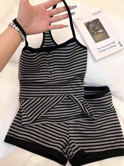 IslaSuriya 2pcs Women Casual Striped Camisole Top And Shorts Set