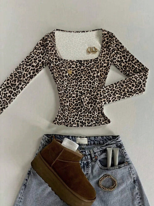 IslaSuriya Beige,Autumn,Chic,Night Out Classic Leopard Print Square Neck Slim Long Sleeve T-Shirt,Fashion Animal Print Top,Mother's Day Gift,Sisters Gift Shirt