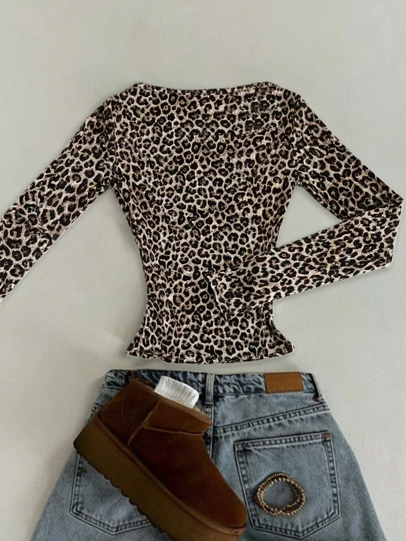 IslaSuriya Beige,Autumn,Chic,Night Out Classic Leopard Print Square Neck Slim Long Sleeve T-Shirt,Fashion Animal Print Top,Mother's Day Gift,Sisters Gift Shirt