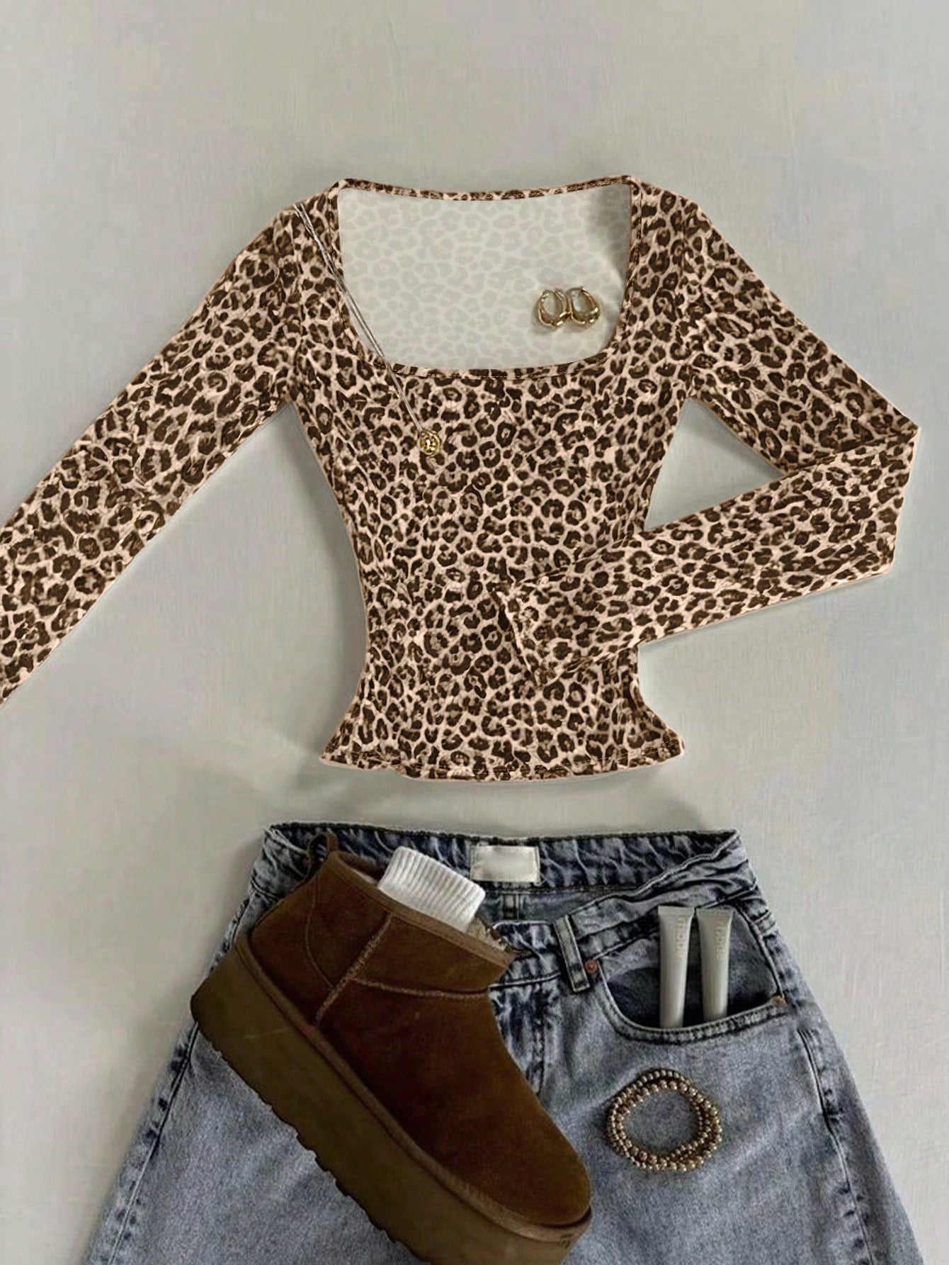 IslaSuriya Beige,Autumn,Chic,Night Out Classic Leopard Print Square Neck Slim Long Sleeve T-Shirt,Fashion Animal Print Top,Mother's Day Gift,Sisters Gift Shirt