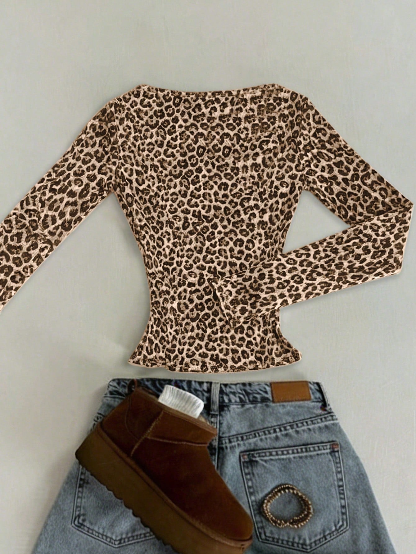 IslaSuriya Beige,Autumn,Chic,Night Out Classic Leopard Print Square Neck Slim Long Sleeve T-Shirt,Fashion Animal Print Top,Mother's Day Gift,Sisters Gift Shirt