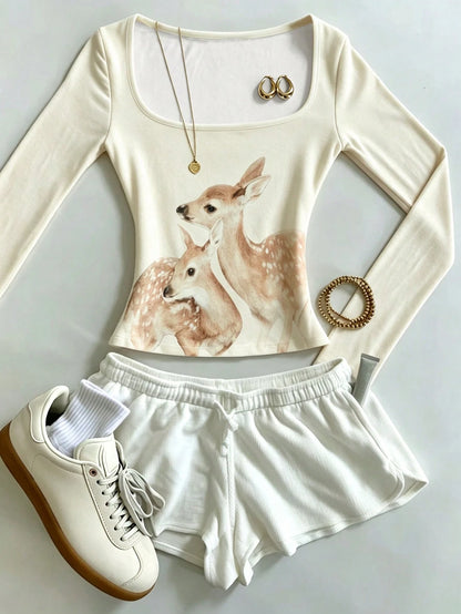 IslaSuriya Beige,Autumn,Chic,Night Out Classic Leopard Print Square Neck Slim Long Sleeve T-Shirt,Fashion Animal Print Top,Mother's Day Gift,Sisters Gift Shirt