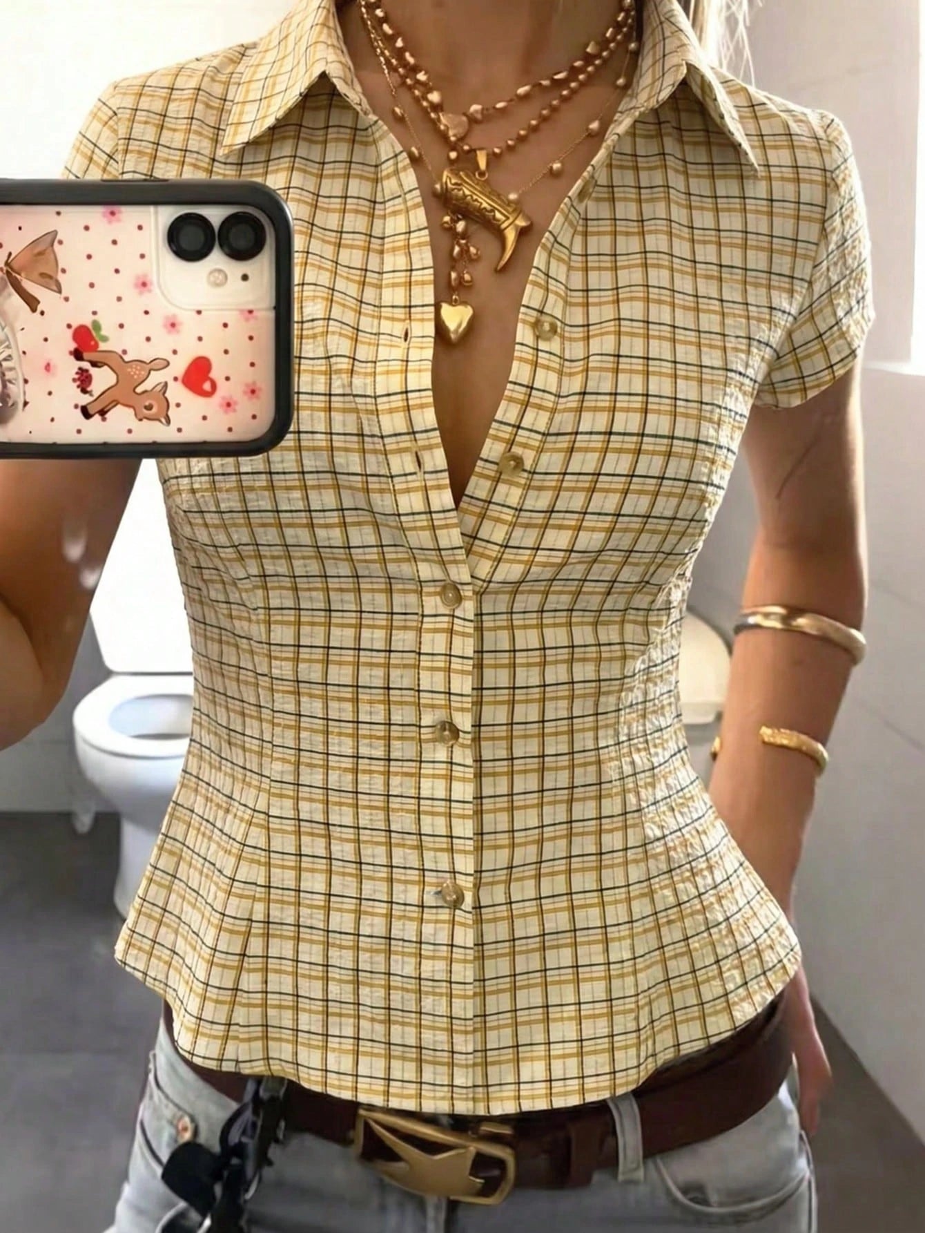 IslaSuriya Women's Plaid Collar Single-Breasted Casual Versatile Daily Commute Short Sleeve Shirt