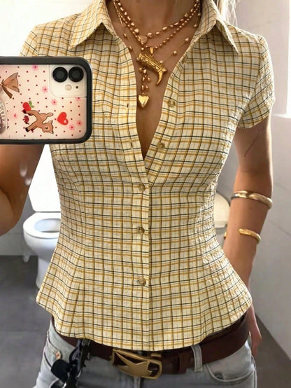 IslaSuriya Women's Plaid Collar Single-Breasted Casual Versatile Daily Commute Short Sleeve Shirt