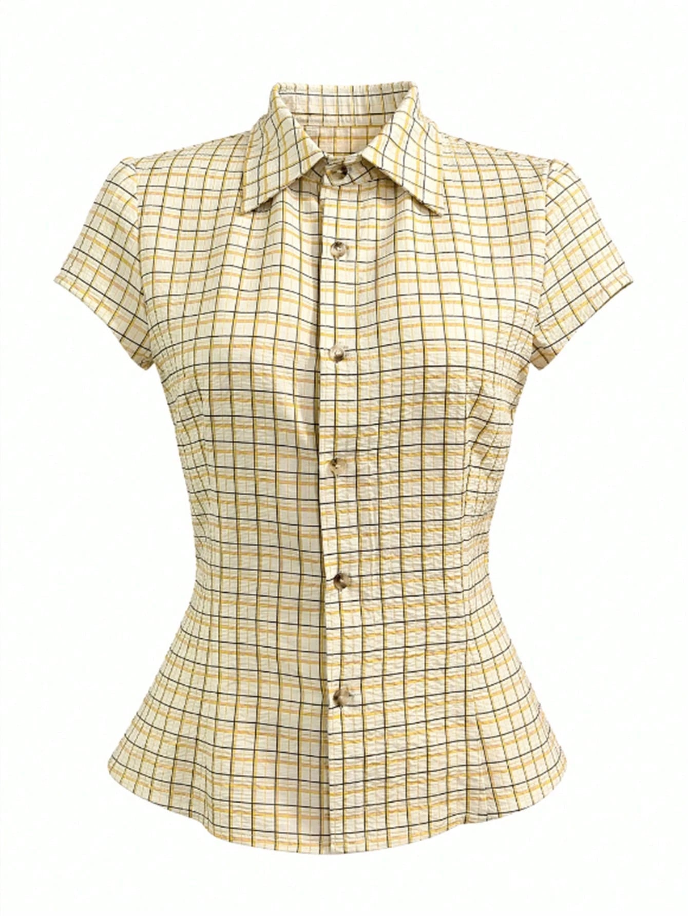 IslaSuriya Women's Plaid Collar Single-Breasted Casual Versatile Daily Commute Short Sleeve Shirt