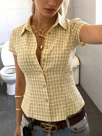 IslaSuriya Women's Plaid Collar Single-Breasted Casual Versatile Daily Commute Short Sleeve Shirt