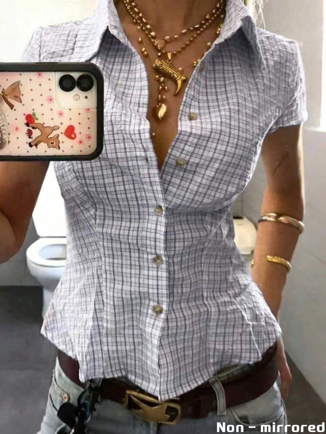 IslaSuriya Women's Plaid Collar Single-Breasted Casual Versatile Daily Commute Short Sleeve Shirt