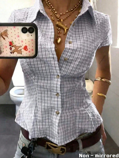 IslaSuriya Women's Plaid Collar Single-Breasted Casual Versatile Daily Commute Short Sleeve Shirt