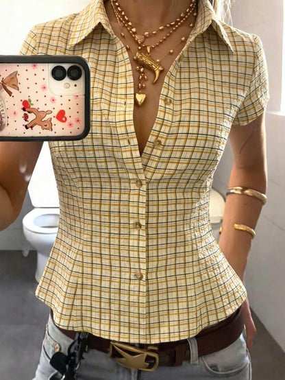 IslaSuriya Women's Plaid Collar Single-Breasted Casual Versatile Daily Commute Short Sleeve Shirt