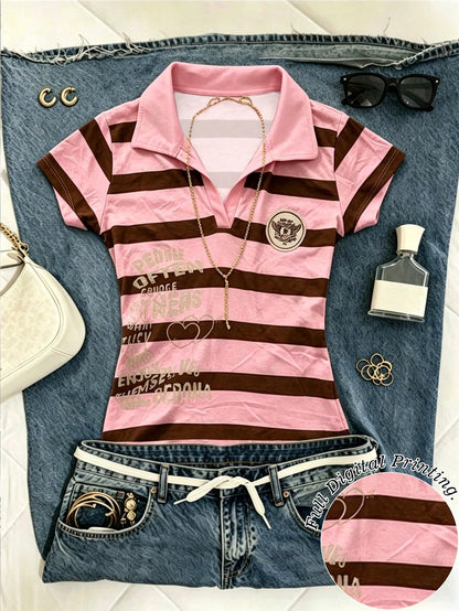 IslaSuriya Women's Y2K Striped Polo Shirt, Pink & Brown V-Neck Short Sleeve Tee With Letter & Heart Print, Slim Fit Retro Casual Top, Perfect Gift For Her