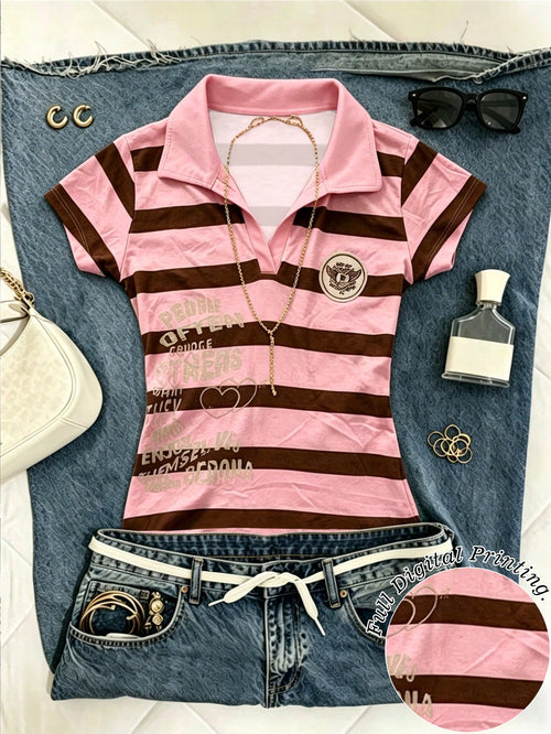 IslaSuriya Women's Y2K Striped Polo Shirt, Pink & Brown V-Neck Short Sleeve Tee With Letter & Heart Print, Slim Fit Retro Casual Top, Perfect Gift For Her