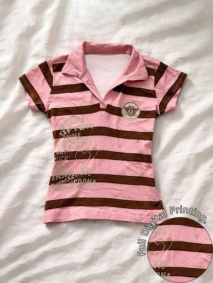 IslaSuriya Women's Y2K Striped Polo Shirt, Pink & Brown V-Neck Short Sleeve Tee With Letter & Heart Print, Slim Fit Retro Casual Top, Perfect Gift For Her