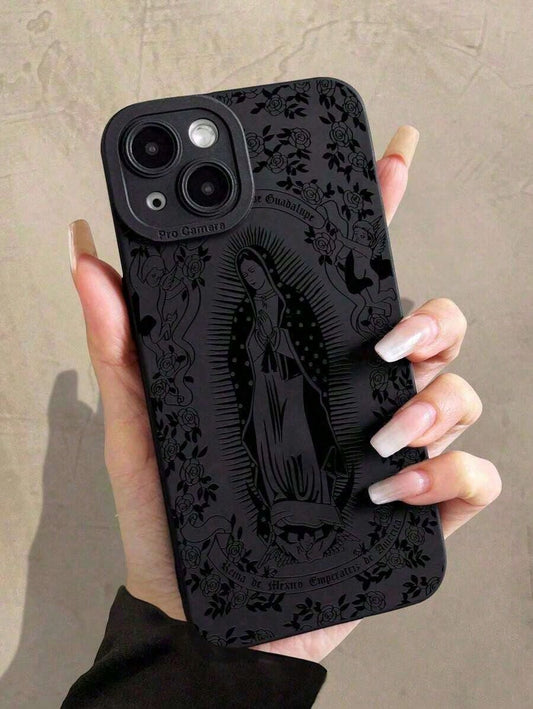 Jesus 1pc Minimalist Rose Virgin Mary Pattern Black Cat Eye Full Coverage Mobile Phone Soft Case Compatible With Iphone Suitable For IPhone17/IPhone17 Air/IPhone17 Pro/IPhone17 Pro Max/16 Pro Max/15 P