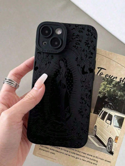 Jesus 1pc Minimalist Rose Virgin Mary Pattern Black Cat Eye Full Coverage Mobile Phone Soft Case Compatible With Iphone Suitable For IPhone17/IPhone17 Air/IPhone17 Pro/IPhone17 Pro Max/16 Pro Max/15 P