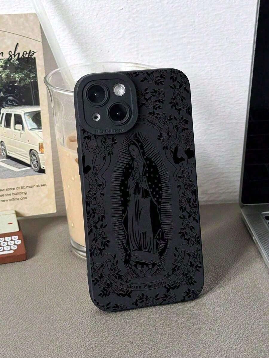 Jesus 1pc Minimalist Rose Virgin Mary Pattern Black Cat Eye Full Coverage Mobile Phone Soft Case Compatible With Iphone Suitable For IPhone17/IPhone17 Air/IPhone17 Pro/IPhone17 Pro Max/16 Pro Max/15 P