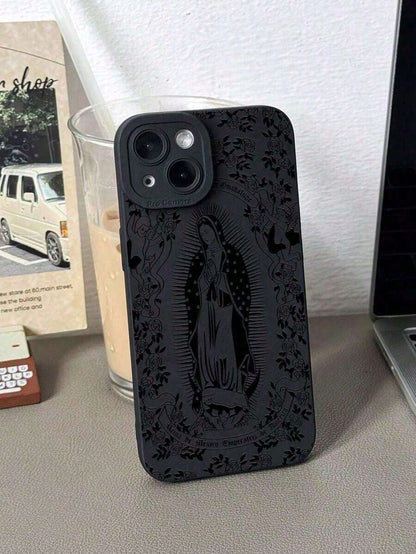 Jesus 1pc Minimalist Rose Virgin Mary Pattern Black Cat Eye Full Coverage Mobile Phone Soft Case Compatible With Iphone Suitable For IPhone17/IPhone17 Air/IPhone17 Pro/IPhone17 Pro Max/16 Pro Max/15 P